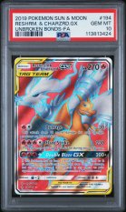 2019 POKEMON SUN & MOON UNBROKEN BONDS #194 RESHRM. & CHARZRD.GX UNBROKEN BONDS-FA PSA 10